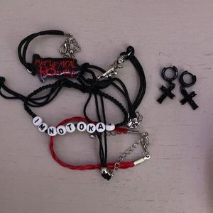 My Chemical Romance bracelets + black cross earrings